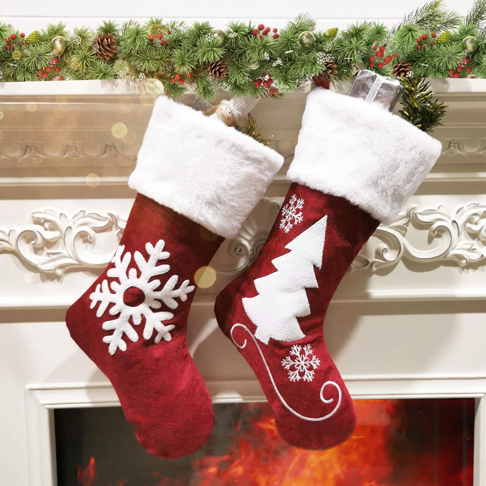 Christmas Stocking Hanging - 2～4個入り 大型麻製クリスマスストッキング 18インチ プラッシュカフ付き 吊り下げストッキング 暖炉用
