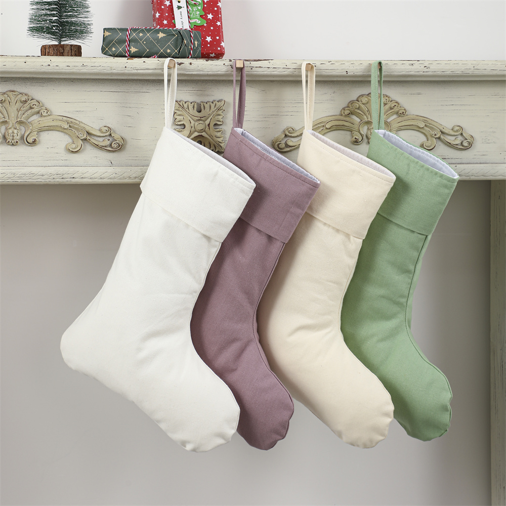 Christmas Stocking Hanging - 家の装飾のためのクリスマリネンストッキング、天然のプレーンソックス、暖炉の吊り下げ、モノグラムのカスタム名