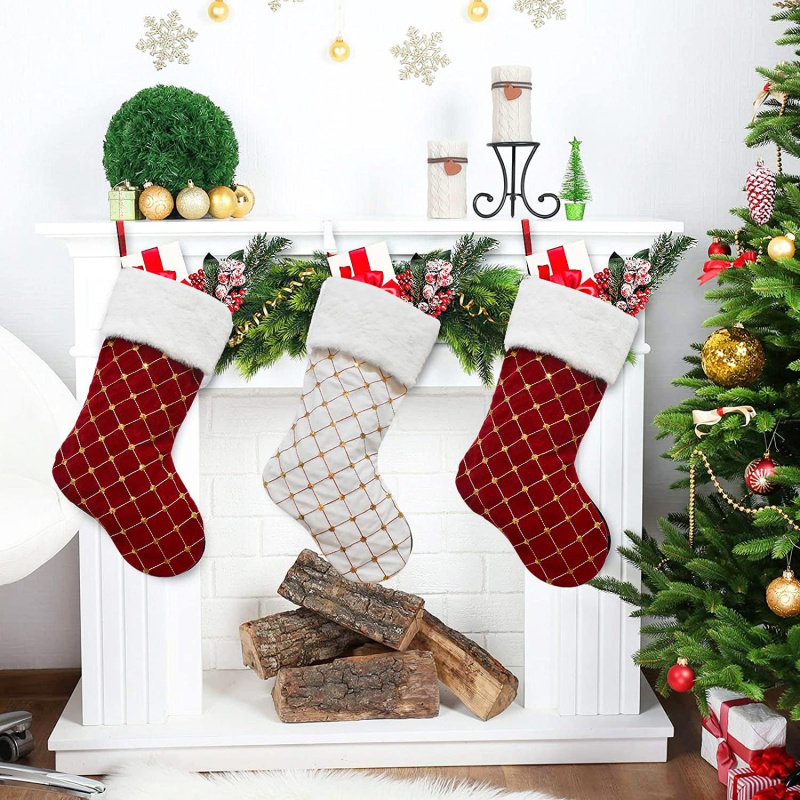 Christmas Stocking Hanging - クリスマスストッキング ソフトフェイクファー チェック柄 暖炉吊り下げソックス ホリデーシーズン パーティーデコレーション
