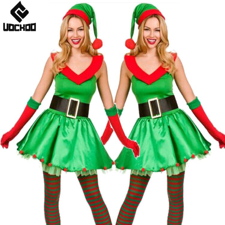 Elf Costume Christmas - 面白いエルフのドレススーツ、クリスマスツリーのコスプレコスチューム、新年おめでとう、4点セット、女性用カーニバルパーティーのドレスアップ、ステージ衣装