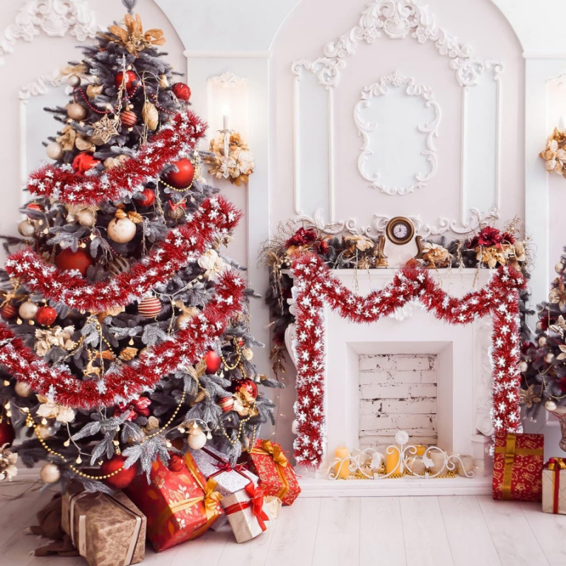 Tinsel Garland Decoration - 1pc クリスマスティンセルスノーフレークレッドガーランドレストランストアホームデコレーションリボンハンギングオーナメントツリーペンダント
