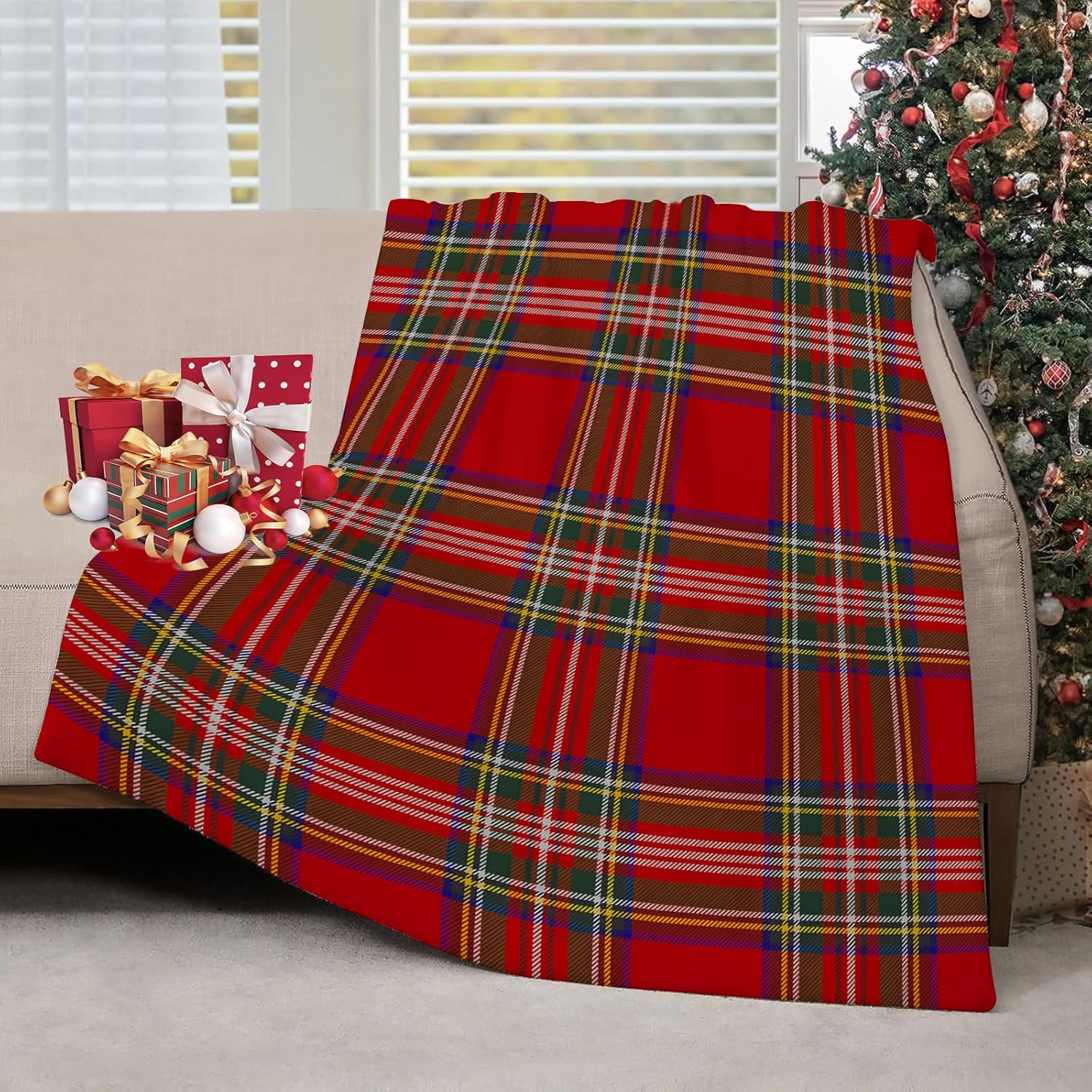 Christmas Throw Blanket - クリスマスチェック柄スローブランケット スコットランドタータンチェック柄ファームハウススローブランケット 柔らかく暖かい居心地の良いフランネルブランケット 寝室 リビングルーム用