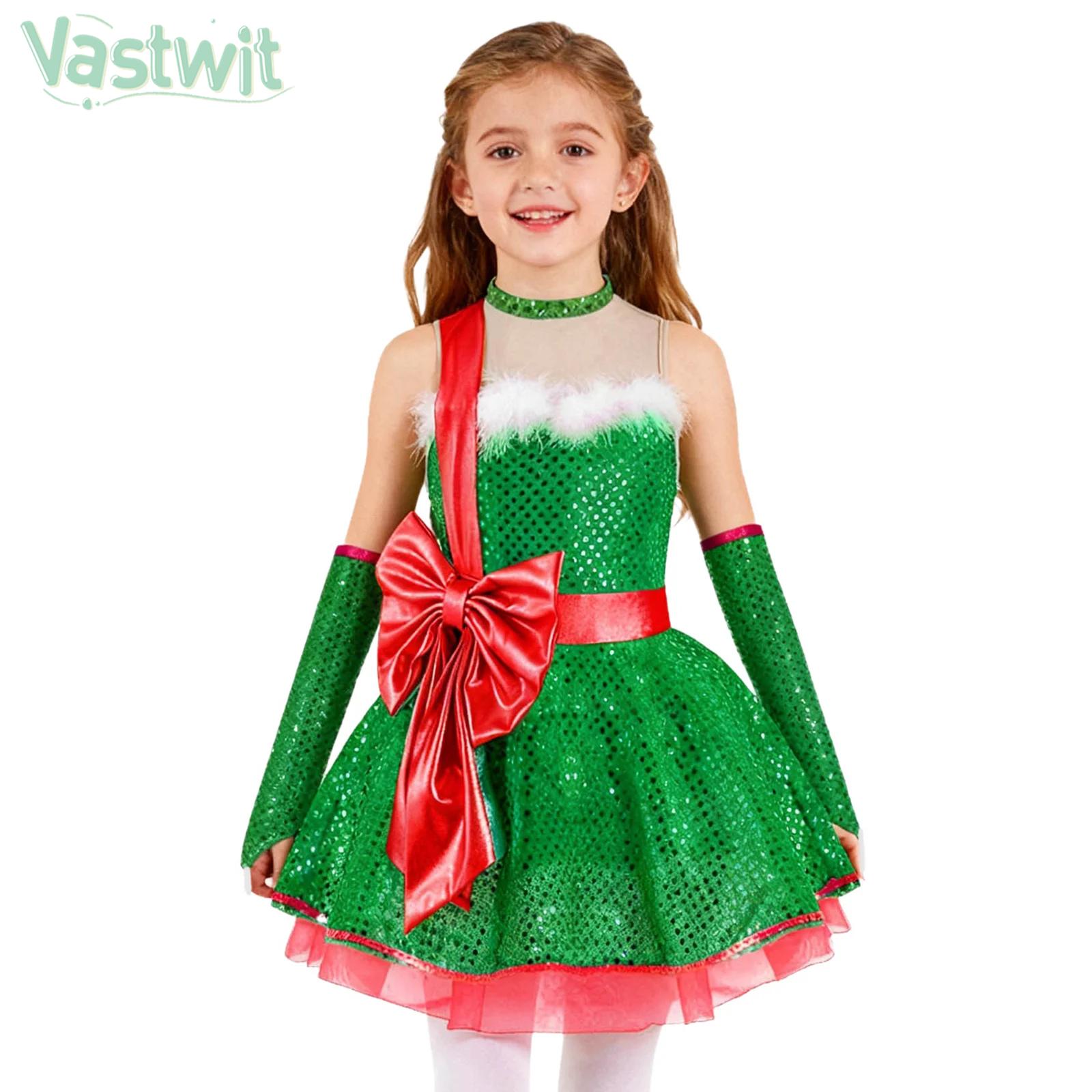 Elf Costume Christmas - 十代の女の子のクリスマスノースリーブキャンディケインストライプバレエダンスチュチュドレス袖付きクリスマス新年カーニバルサンタエルフコスチューム