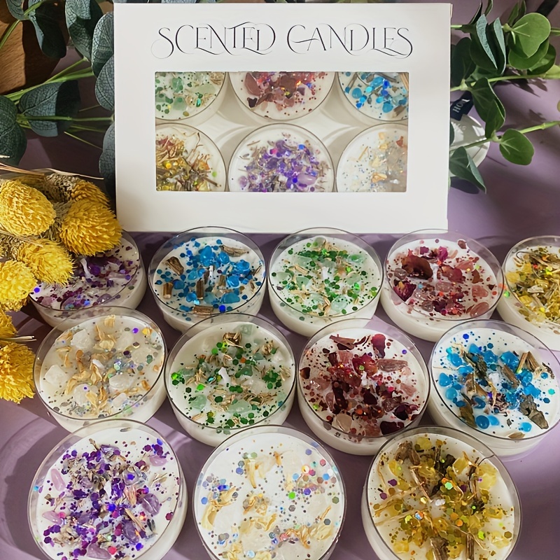 Holiday Candle Set - クリスタルストーンの香りのキャンドル6本セット,ドライフラワー,バレンタインデーギフト,ホリデーデコレーション