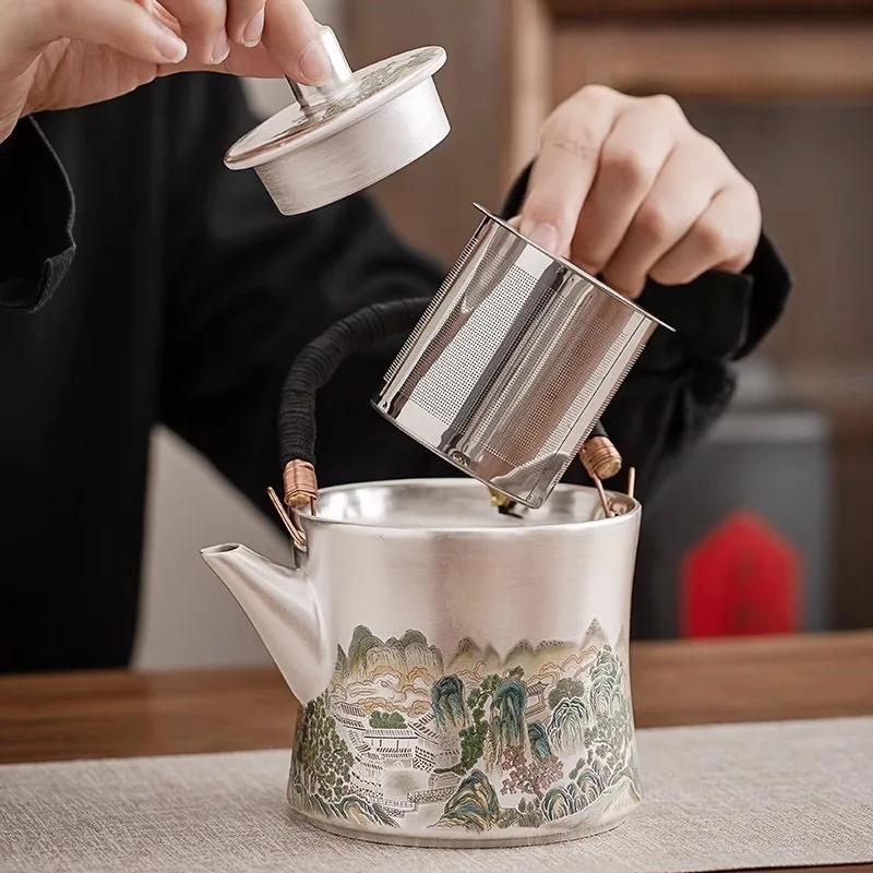 Gift Box Wrap Set - Z30- 劉銀 一壺二杯 磁器銀巻きカンフー茶器セット ティーポット 跨客茶杯