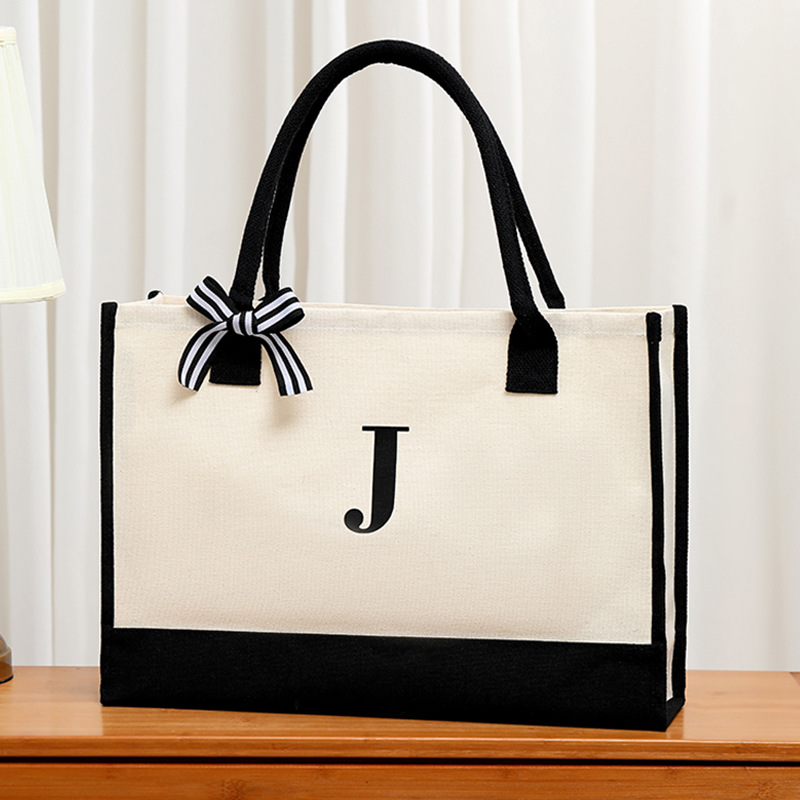 Ribbon Bow Gift - シンプルなキャンバスレタートートバッグ女性のための大容量リボンギフトショッピングバッグ学生毎日の宿題収納バッグ