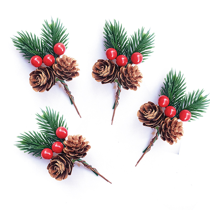 Christmas Tree Artificial - 人工松ぼっくりと赤い果実の10個セット - クリスマスツリーの飾り、ホリデーデコレーション、クラフトプロジェクトに最適です。