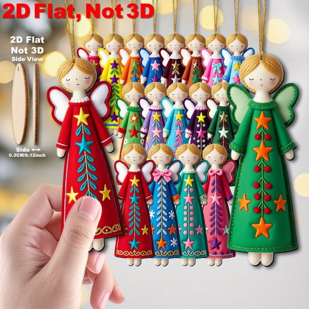 Star Tree Topper - 16個のカラフルなエンジェルオーナメント - 4。 7インチの人工木製フラット2Dエンジェルハンギングデコレーション、星と花の模様、明るいピンク、ブルー、グリーン、レッド、ゴールド、ホワイト、クリスマスツリートッパー、ギフトタグ、パーティーや家の装飾（電気不要、複数の休日に適しています）