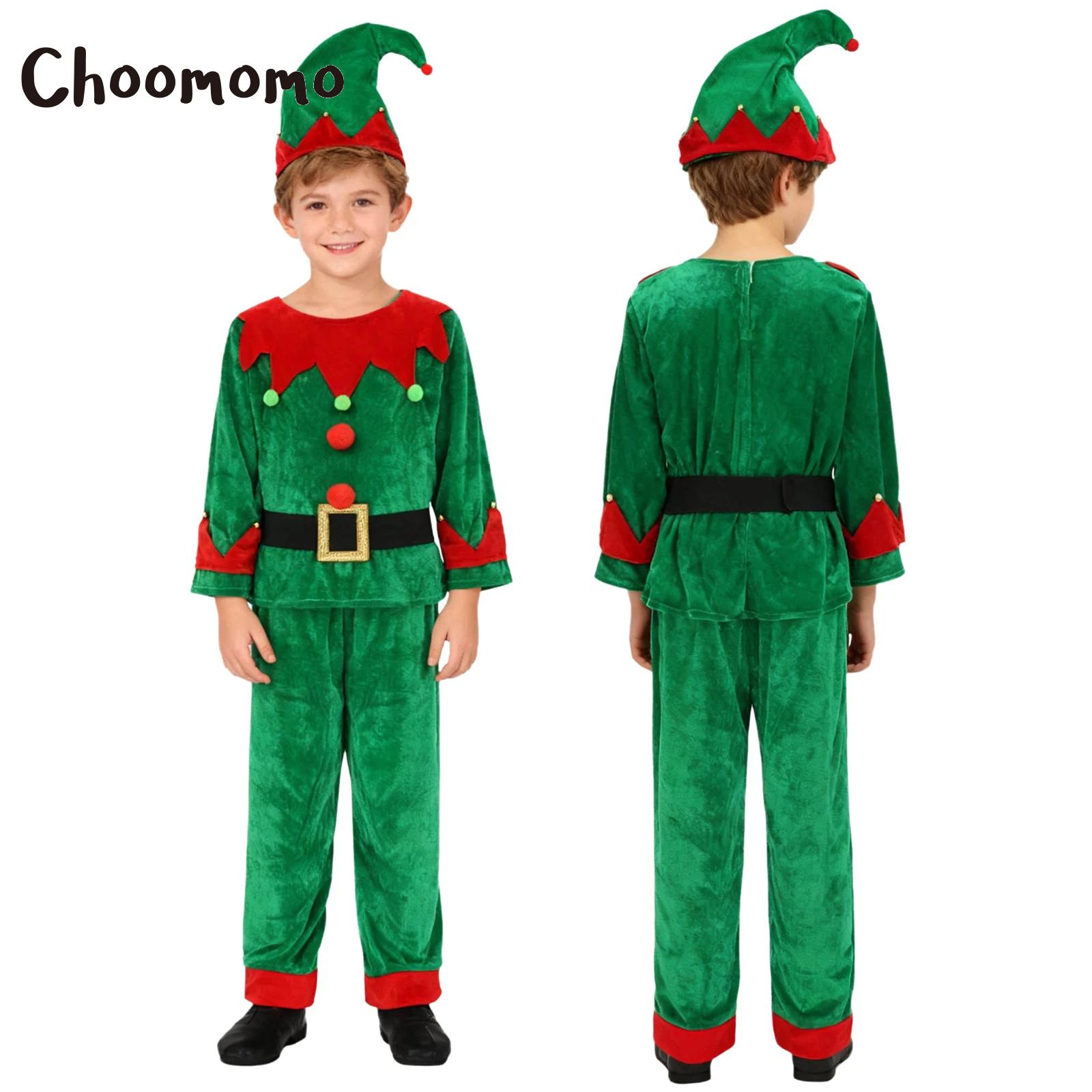 Elf Costume Christmas - 男の子用クリスマスエルフコスチューム、クリスマスサンタクロースセット（シャツ、パンツ、帽子、エルフ耳、ベルト、ストッキング付き）、お祭り、新年、仮装用