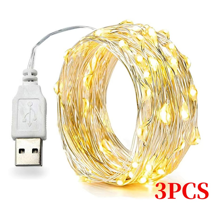 Led Fairy String Lights - 銅線LEDクリスマスライトストリング,5 m, 10 m, 20m,USB,防水,新年,花輪,フェアリーライト,結婚披露宴の装飾,3個