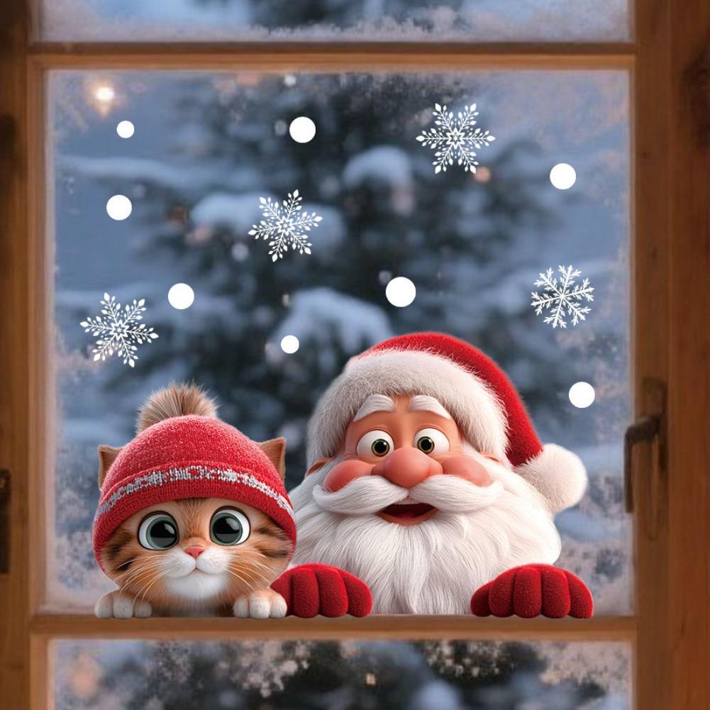 Snowflake Window Decal - 2 個クリスマスウィンドウクリングステッカークリスマスデカール装飾屋内ホリデースノーフレークサンタクロース猫窓静電デカール