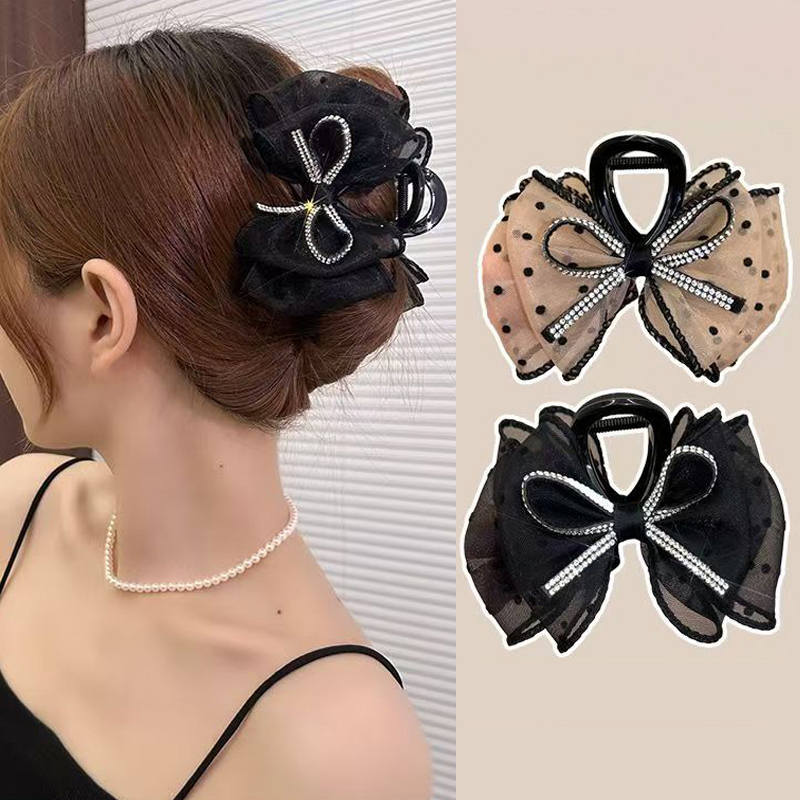 Ribbon Bow Gift - 新しいエレガントなメッシュボウヘアクリップ、女性用ポニーテールクリップ、キラキラ輝くラインストーンクリップ、ヘアピン、ヘアアクセサリー、ギフト