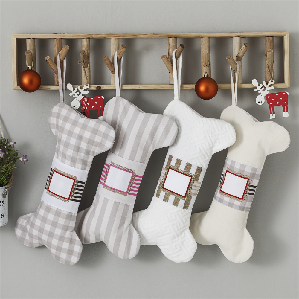 Christmas Stocking Hanging - 市松模様のペットのクリスマスストッキング,犬,骨の形,縞模様,再利用可能なキャンバス,装飾が施された吊り下げ