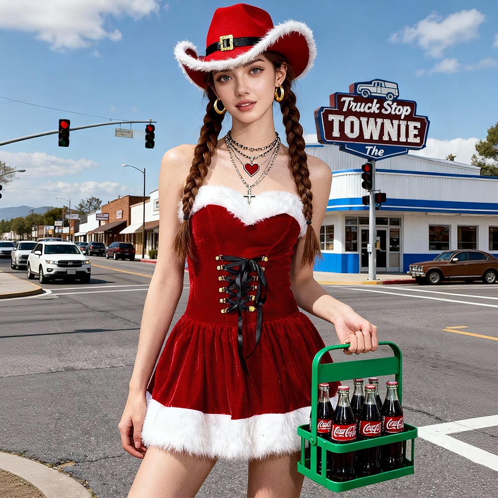 セクシーな豪華な赤いサンタクロースドレスセット、デニム帽子付 - Santa Hat Plush のレビューと価格
