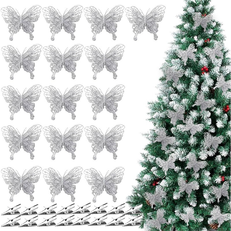 シルバーグリッター中空蝶クリップ飾り付け用人工蝶、クリスマス - Christmas Wreath Fake のレビューと価格