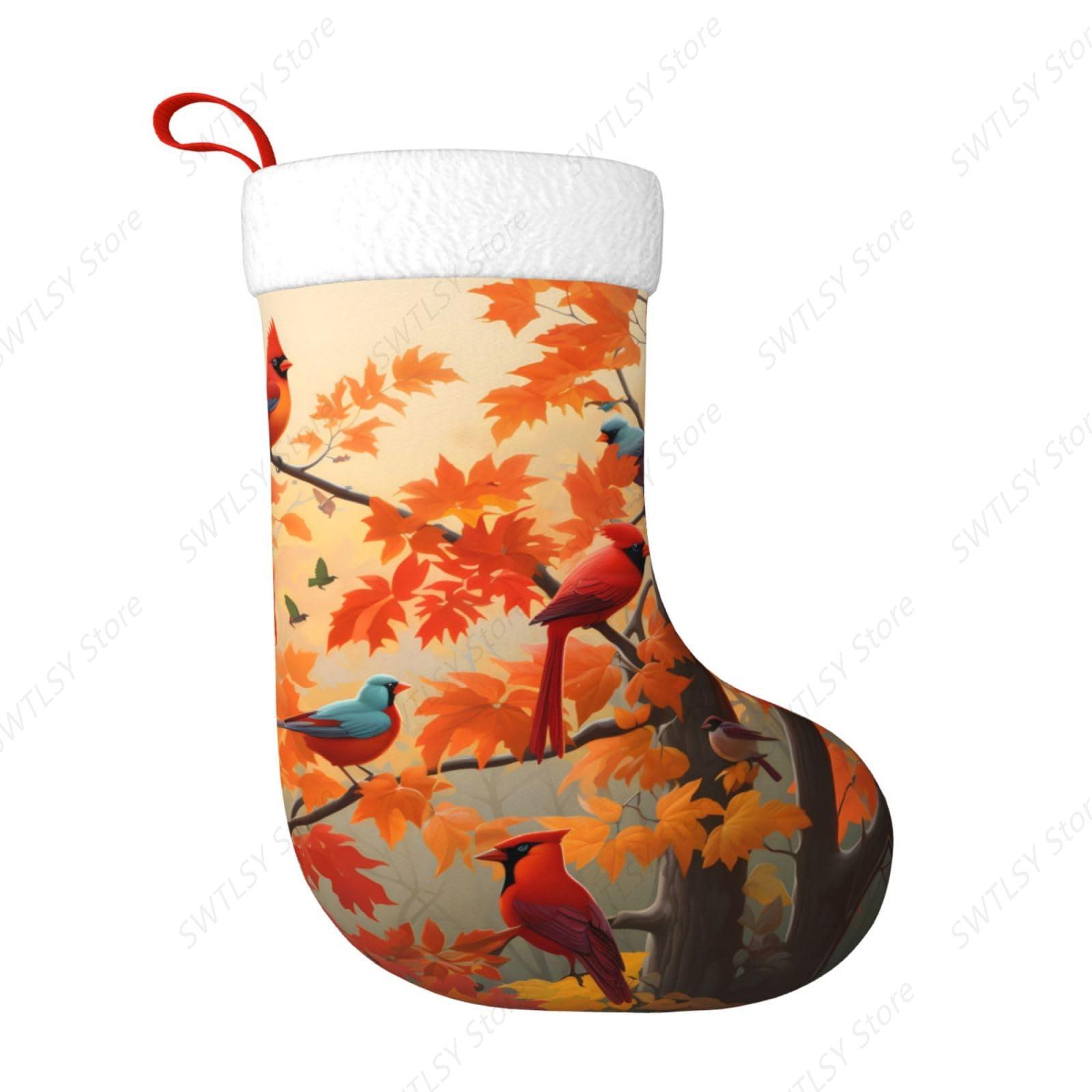 秋のカーディナル鳥とカエデの葉の大きなクリスマスストッキング - Christmas Stocking Hanging のレビューと価格