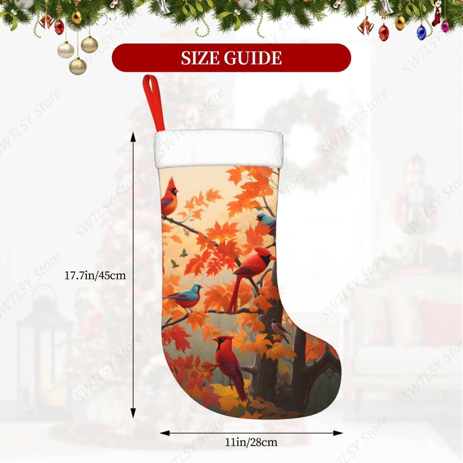 秋のカーディナル鳥とカエデの葉の大きなクリスマスストッキング - Christmas Stocking Hanging のレビューと価格